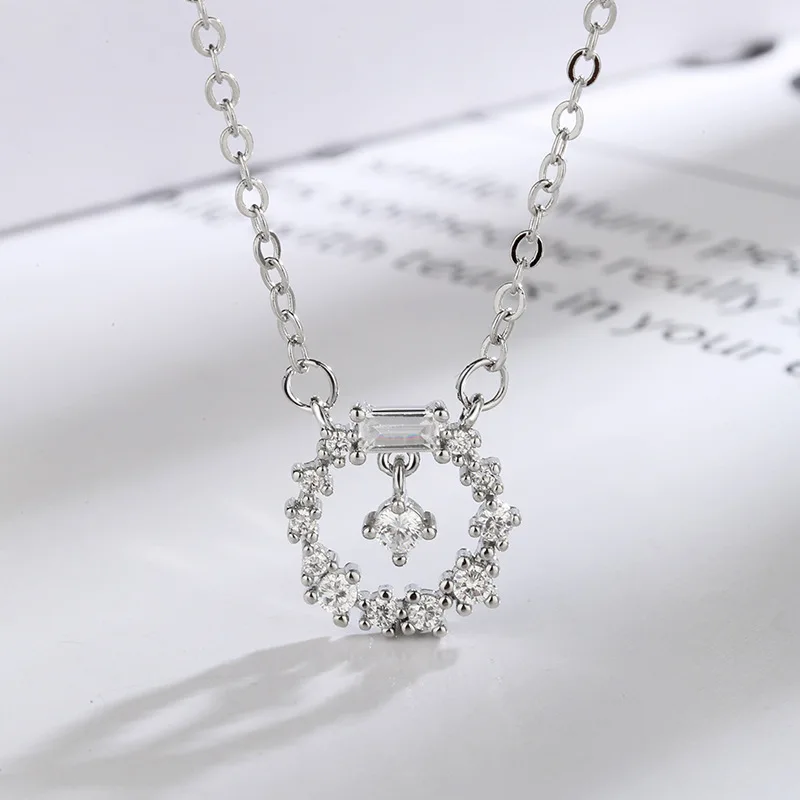 Ægte 925 Sterling Sølv Circcle Halskæde til Kvinder, Kvindelige Unikke Krystal Smykker Hule Drop Zircon Personlighed Gave 3
