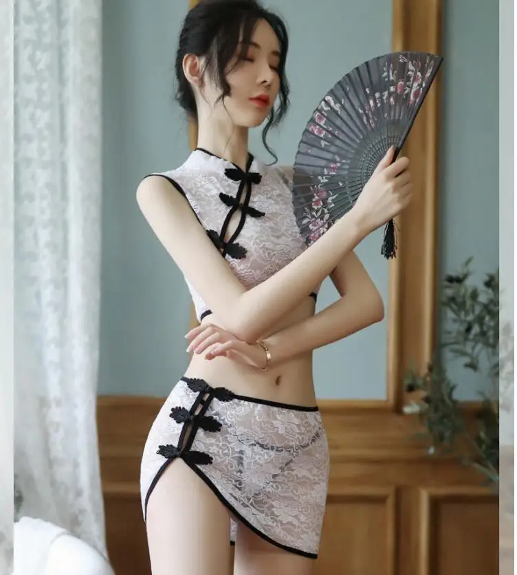 Sexet Nattøj til Kvinder Undertøj Cheongsam Kinesisk Stil Blonder Blomster Knude Toppe med Trusse Hjem Tøj Babydoll Passer 0