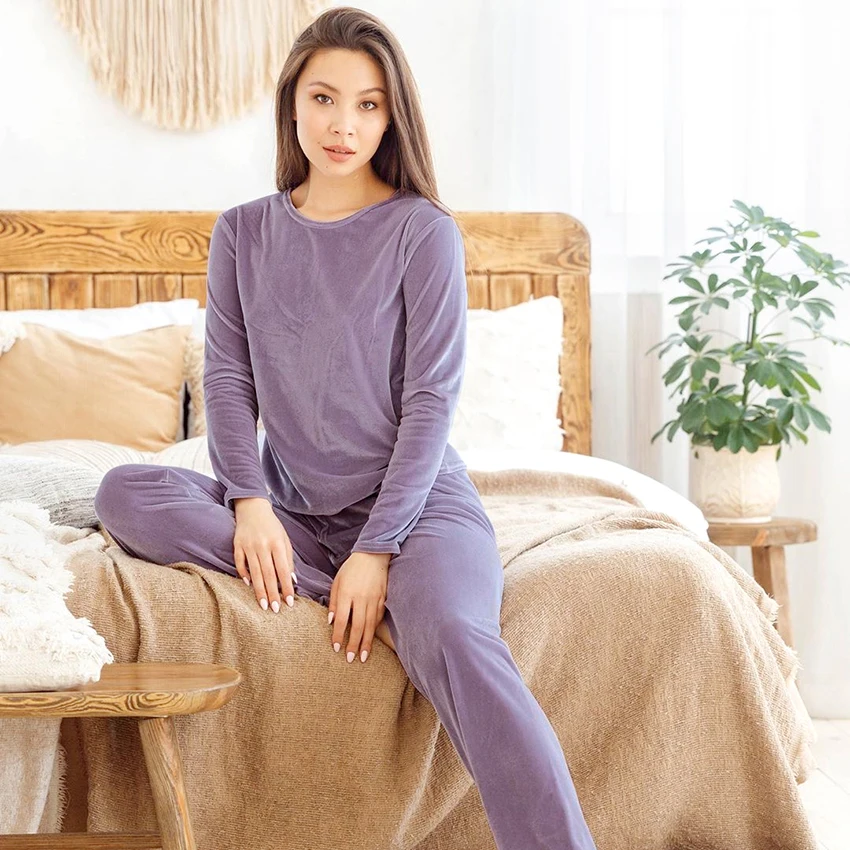 HiLoc Lilla Vinter Pyjamas Kvinder Nattøj Fløjl Med Lange Ærmer Rund Hals Lounge Wear Ren Farve Kvindelige Sæt, Der Passer Til Home 2020 2