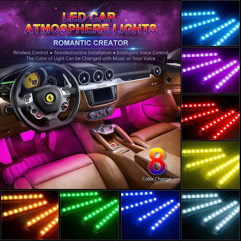 Bil LED Strip Light 48 Lysdioder Flerfarvet Musik Bilen Indvendigt Lys Under Dash Belysning Vandtæt Kit Bil Oplader Inkluderet 12V 2