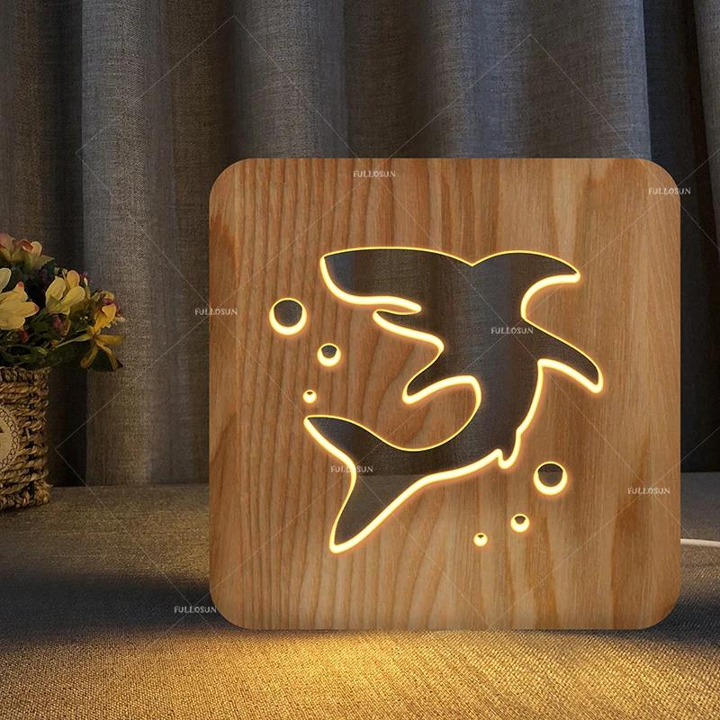 Shark design træ-lampe varmt lys USB power unik gave rumbelysning indretning 2