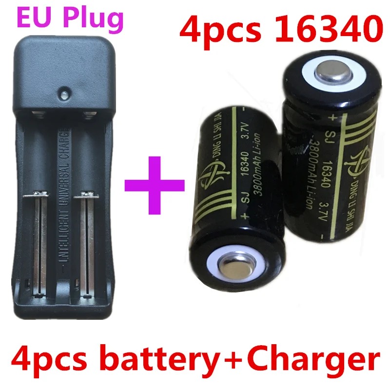 4stk 16340 Batteri, 3800mAh Li-ion Genopladeligt batteri 3,7 V Laser Pen Batterier+EU Stik 18650 Justerbar Dobbelt batterioplader 0