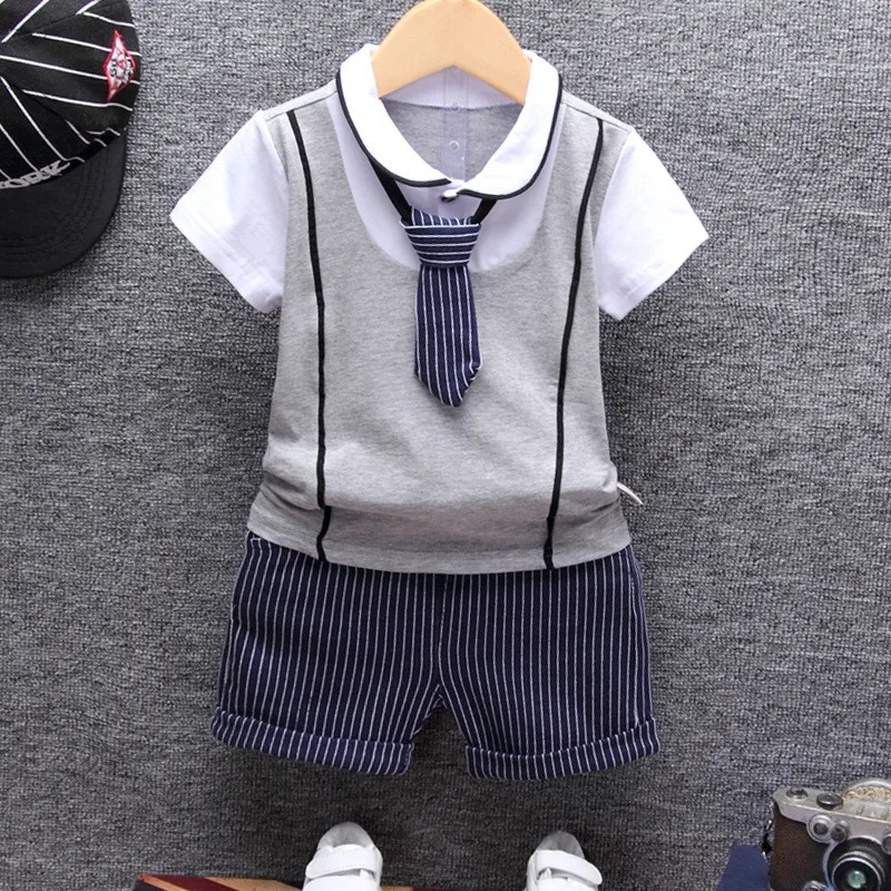 2020 Sommer Baby Boy Tøj Sæt Bomuld Spædbarn Børn Tøj, der Passer Børn Slips T-shirt + Stirped Bukser 2 stk Sæt 1