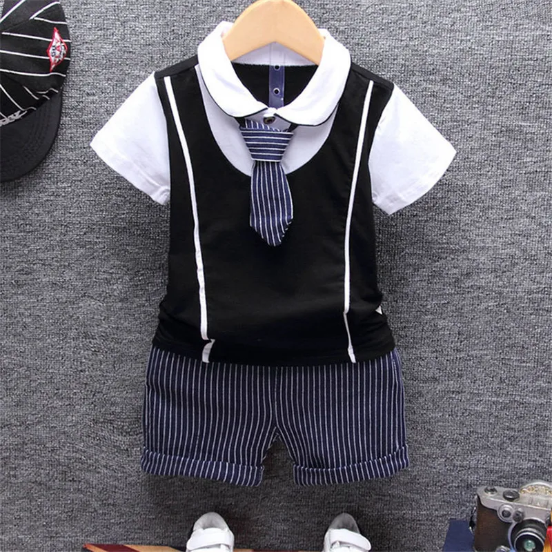 2020 Sommer Baby Boy Tøj Sæt Bomuld Spædbarn Børn Tøj, der Passer Børn Slips T-shirt + Stirped Bukser 2 stk Sæt 3