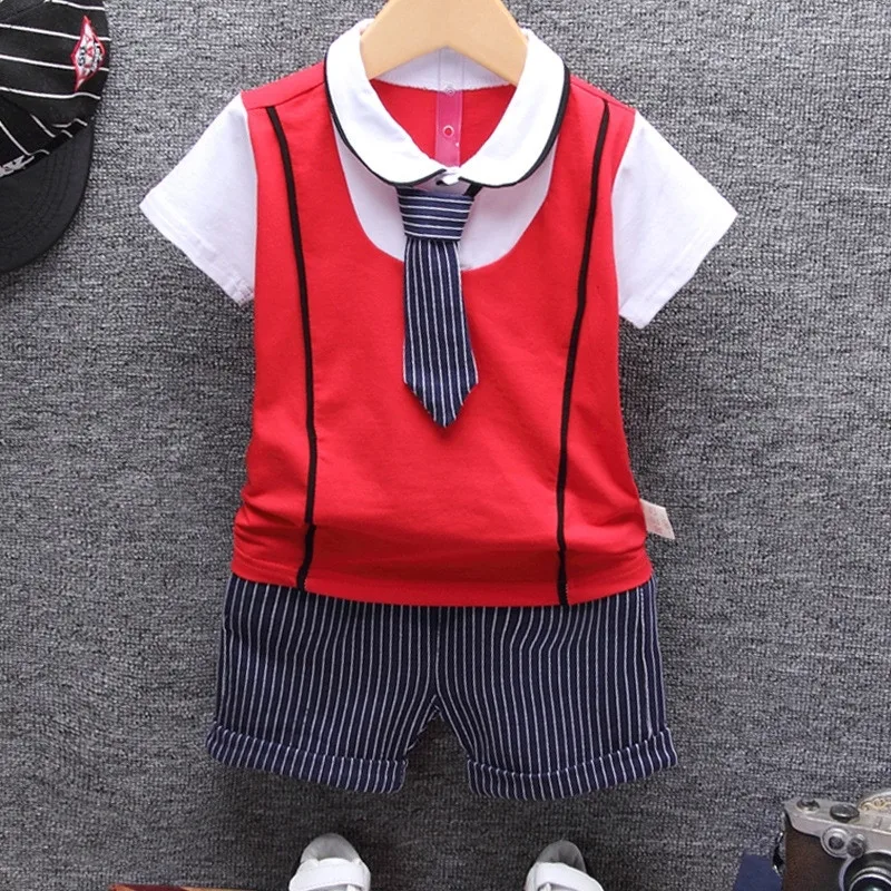 2020 Sommer Baby Boy Tøj Sæt Bomuld Spædbarn Børn Tøj, der Passer Børn Slips T-shirt + Stirped Bukser 2 stk Sæt 4