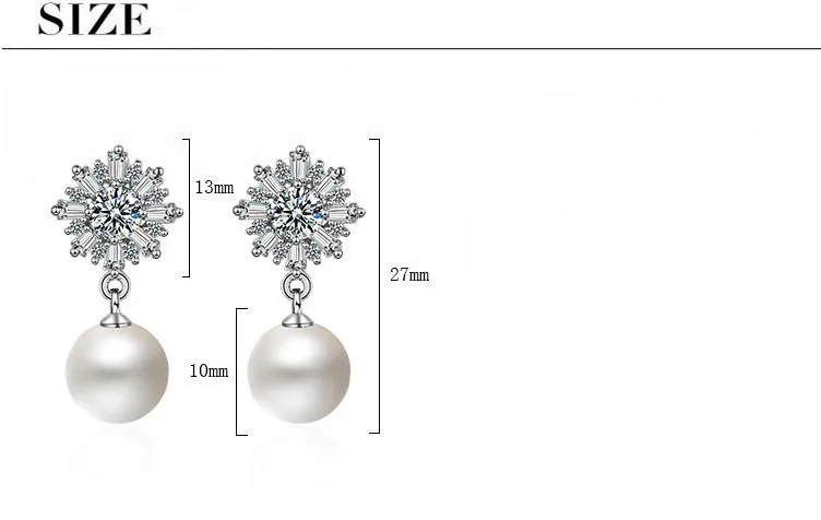 Nye ankomst 925 sterling sølv mode skinnende cz zircon snefnug perle damer'stud øreringe smykker Anti allergi 0