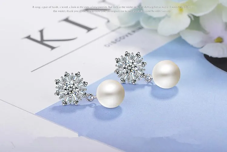 Nye ankomst 925 sterling sølv mode skinnende cz zircon snefnug perle damer'stud øreringe smykker Anti allergi 4
