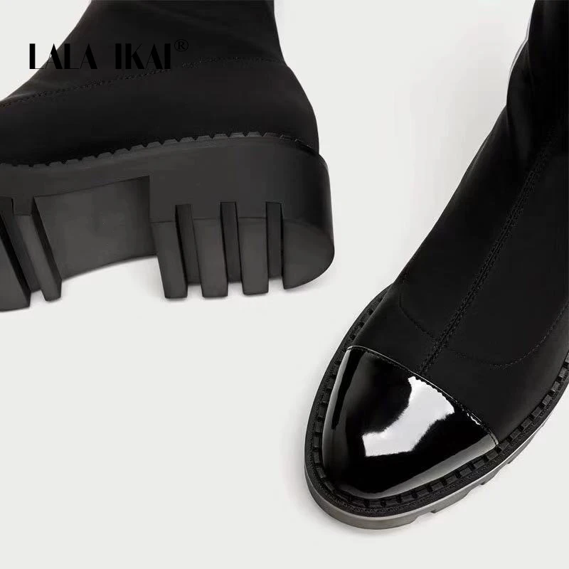 LALA IKAI Kvinder Syning Ankel Støvler Skinnende laklæder Strække Boot Tyk Bund Mode Kvindelige 2020 Efterår og Vinter C10330-4 2