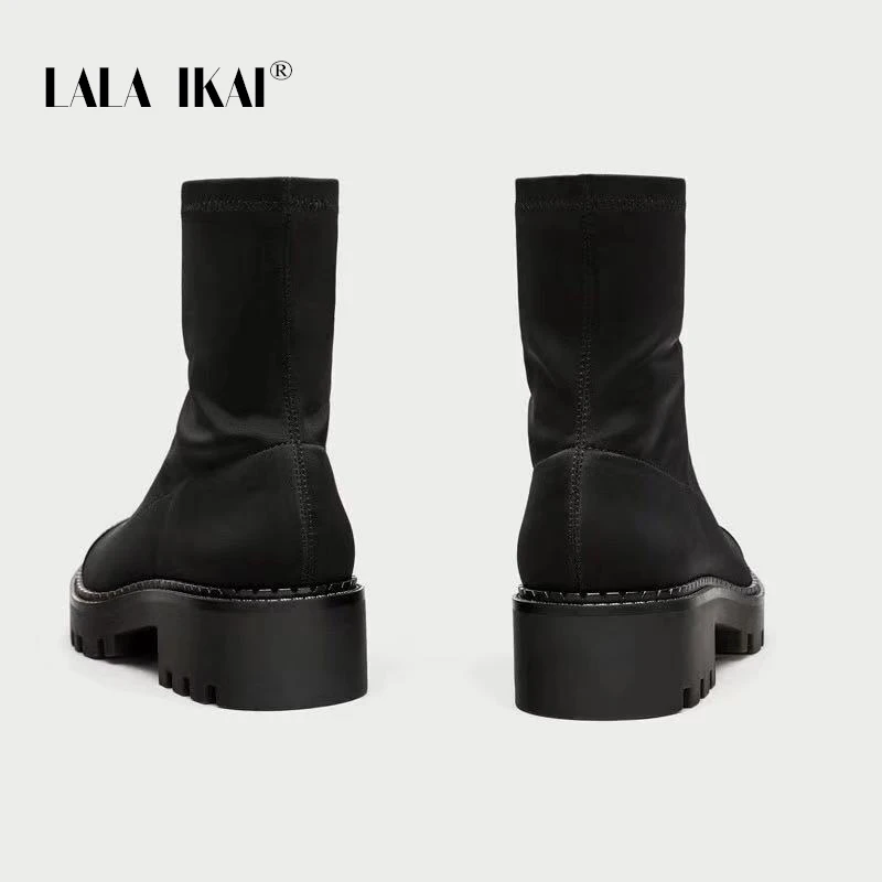LALA IKAI Kvinder Syning Ankel Støvler Skinnende laklæder Strække Boot Tyk Bund Mode Kvindelige 2020 Efterår og Vinter C10330-4 3
