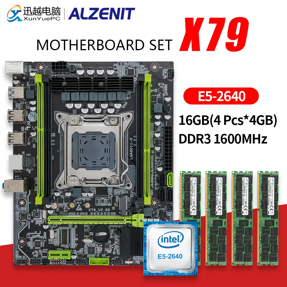 ALZENIT X79 Bundkort Sæt X79M-CE5 Med LGA 2011 Combo Xeon E5-2640 CPU 4x4GB = 16GB DDR3 1600MHz Hukommelse PC3 12800 RAM 0