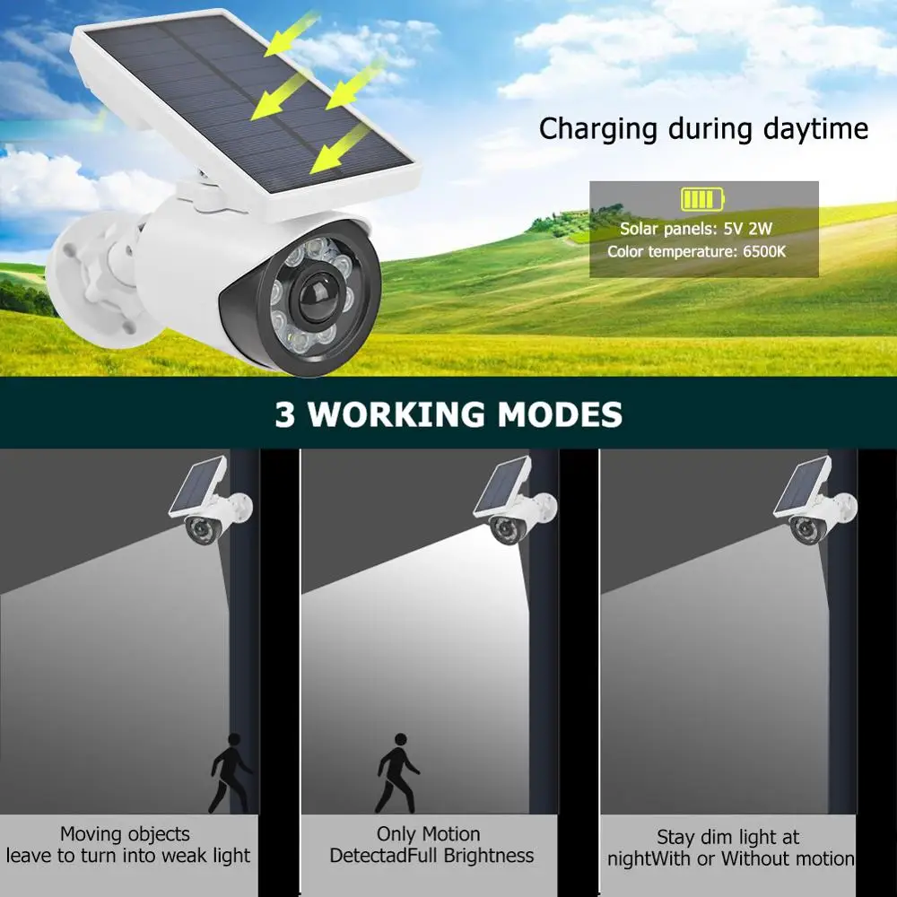 EVKVO Sol Dummy Falske Kamera Lys 8 LED Motion Sensor Vandtæt 3 Modes Udendørs Have Sikkerhed Lampe Sikkerhed Fake Kamera 1