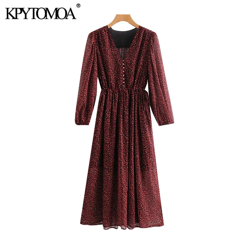 KPYTOMOA Kvinder 2020 Mode Med Snøre Uafgjort Print Midi-Plisseret Kjole Vintage-Lange Ærmer Med Foring Kvindelige Kjoler Mujer 4