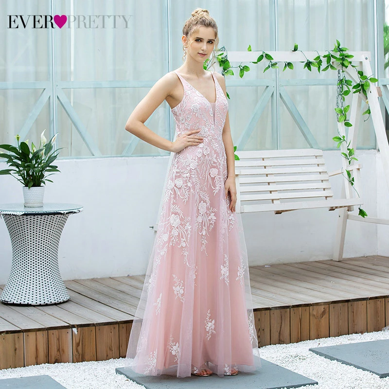 Pink Blomster Blonder Prom Kjoler Smukke A-Line V-Hals, Spaghetti-Stropper Tyl Elegante Lange Festkjoler Vestidos De Gala 2020 1