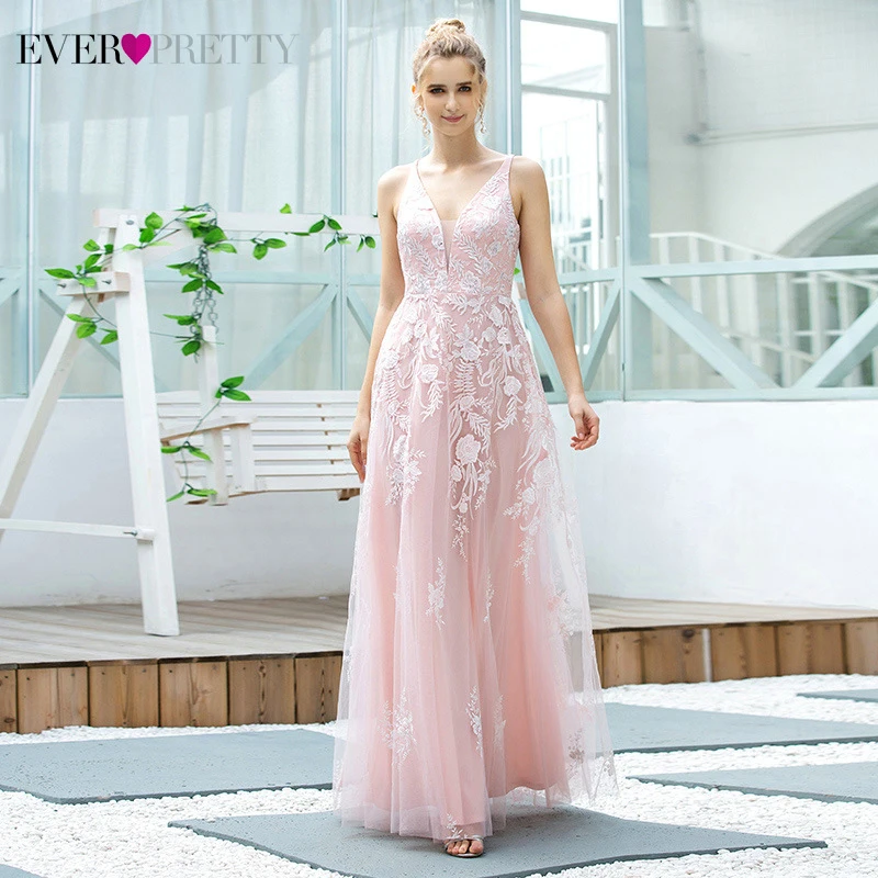 Pink Blomster Blonder Prom Kjoler Smukke A-Line V-Hals, Spaghetti-Stropper Tyl Elegante Lange Festkjoler Vestidos De Gala 2020 3