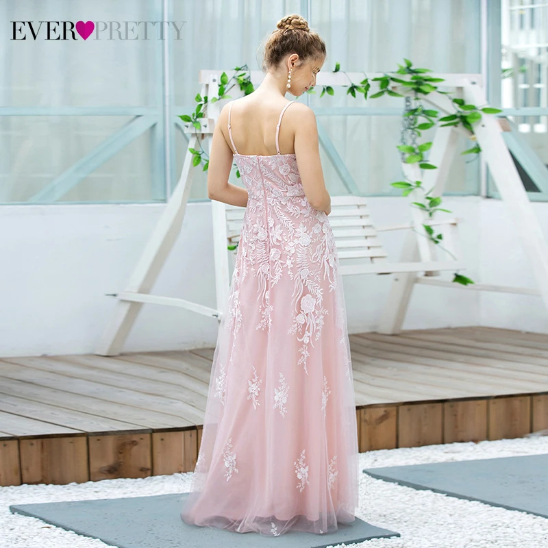 Pink Blomster Blonder Prom Kjoler Smukke A-Line V-Hals, Spaghetti-Stropper Tyl Elegante Lange Festkjoler Vestidos De Gala 2020 5