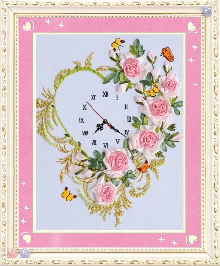Rose blomster broderi, Bånd maleri indstil ur ur håndværk korssting DIY håndlavet håndarbejde væg kunst, indretning 1