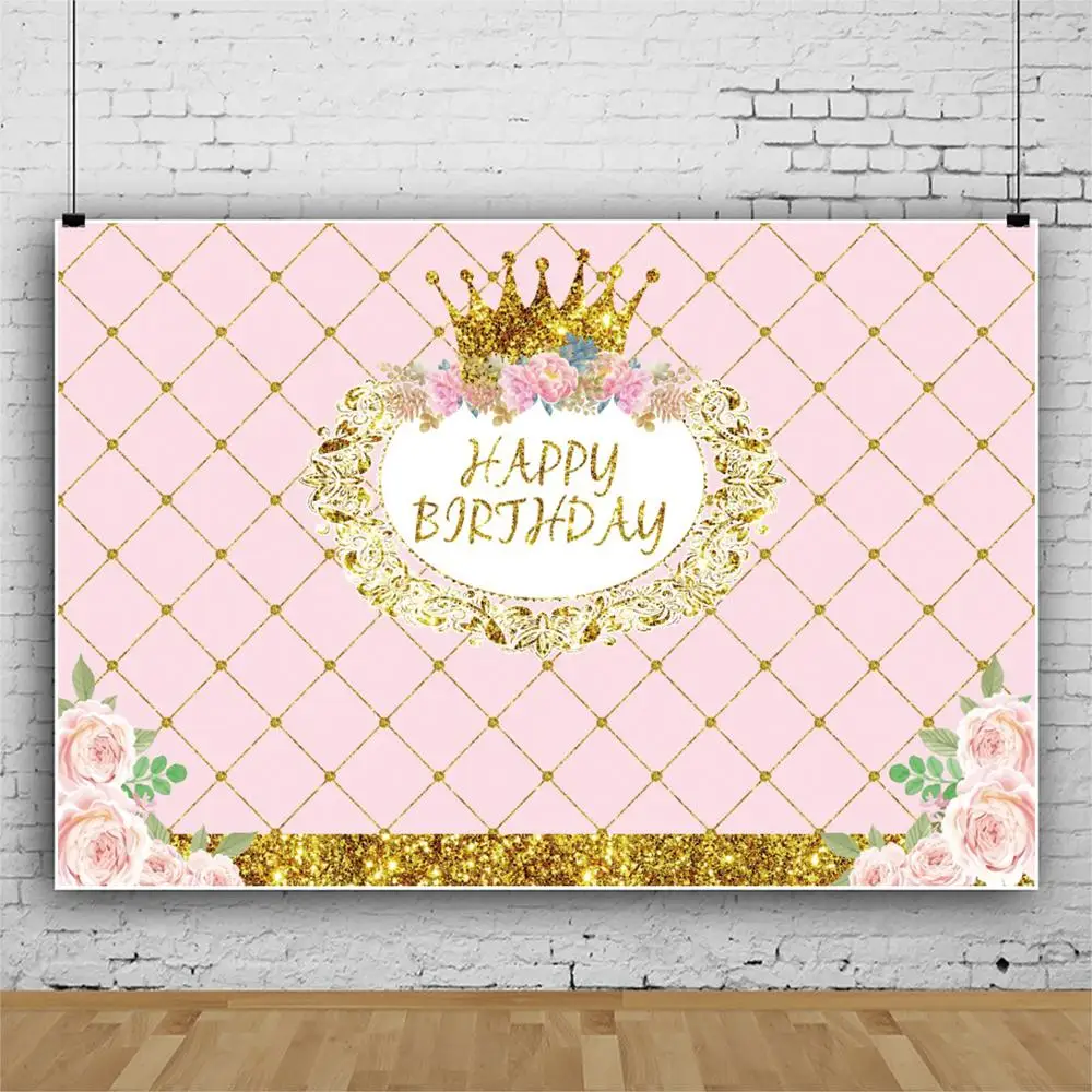 Laeacco Pink Baggrund Golden Crown Blomster Happy Baby Fødselsdag Tilpasset Banner Fotografering Baggrund Photocall Foto Studio 0