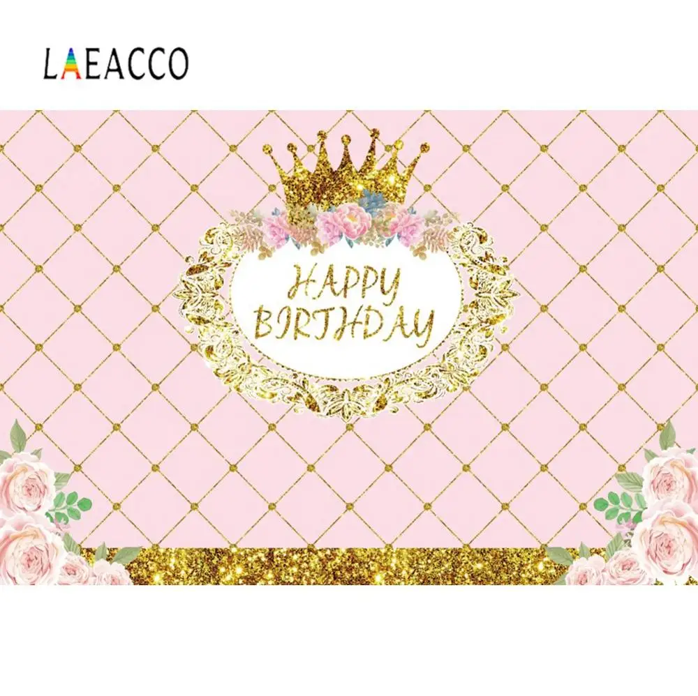Laeacco Pink Baggrund Golden Crown Blomster Happy Baby Fødselsdag Tilpasset Banner Fotografering Baggrund Photocall Foto Studio 5