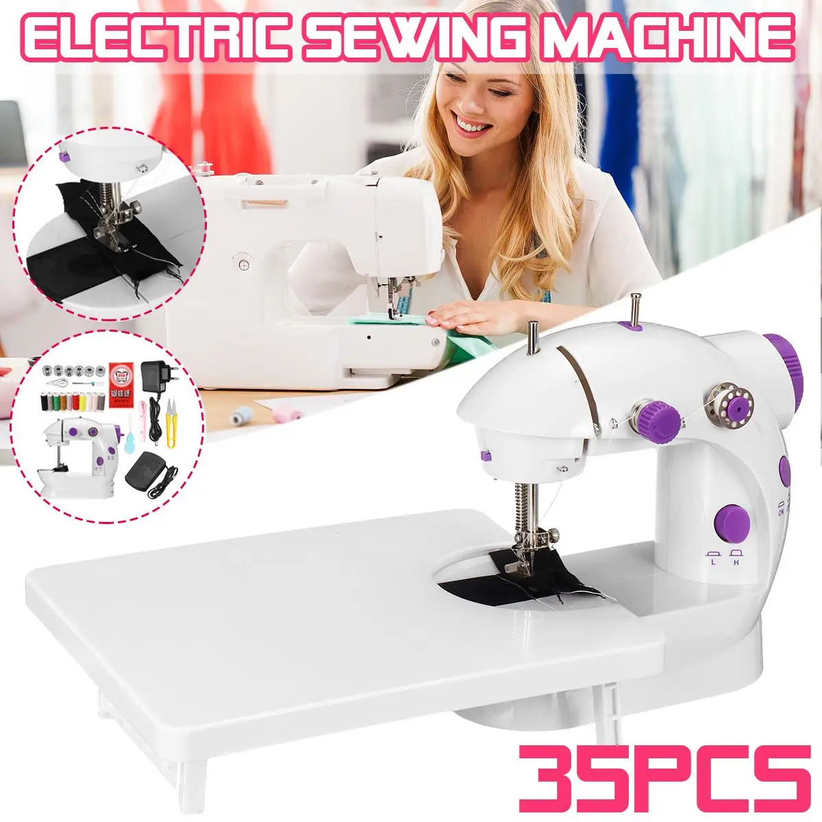 35PCS Elektriske symaskine Mini Bærbare Husstand Nat Lys fodpedal Lige Linje Hånd Tabel To Tråd Kit 1