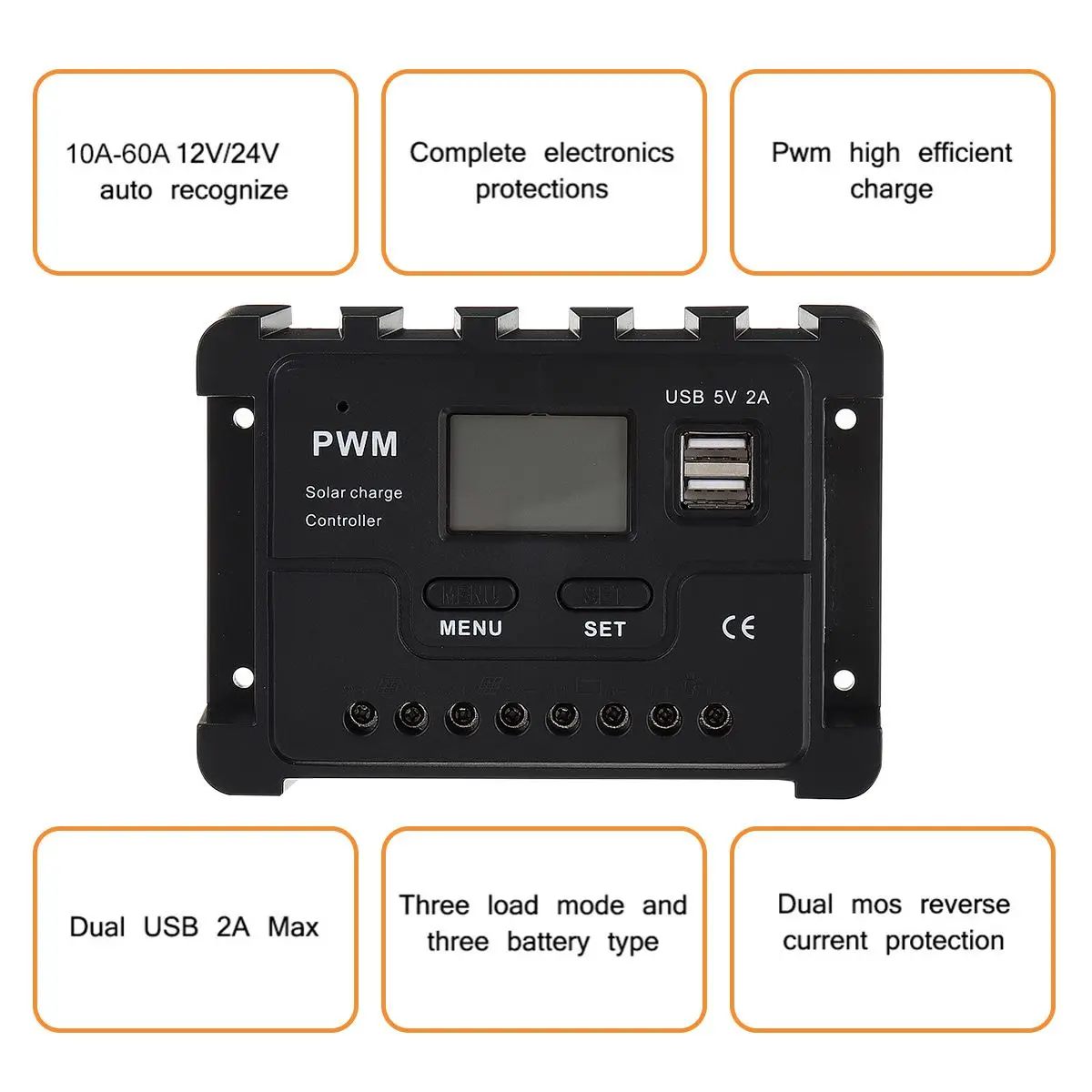 10A/20A/30A PWM-Controller Sol Opladning Regulator 12V 24V Automatisk LCD-Skærmen-Controller med Belastning Dual USB 0