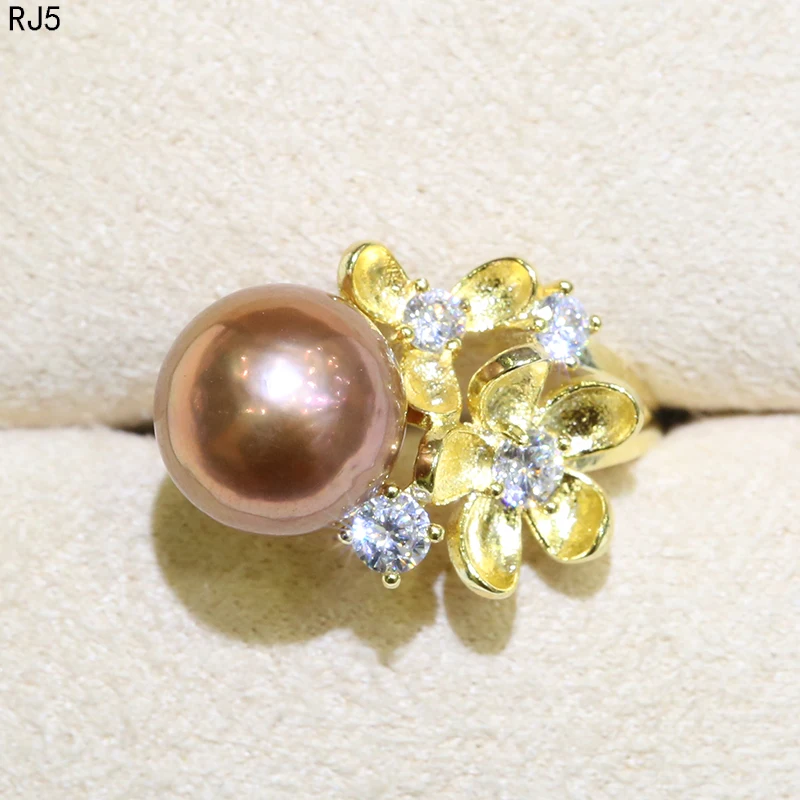 BaroqueOnly Zircon Indlagt 925 Ringe Naturlig Farve ferskvandsperle 9-10mm Edison Perle Ring Halv-barokke Mode Smykker RI&RJ 0