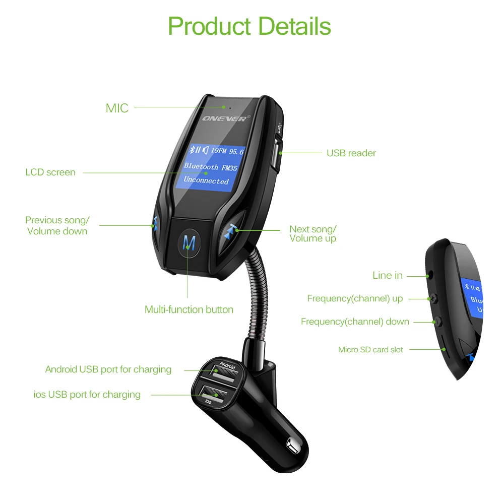 Onever Roterbar Bluetooth Car Kit FM-Senderen FM-modulator Bil-MP3-Afspiller Modulator med 3.1 EN 3-USB Bil Oplader Radio Kits 4