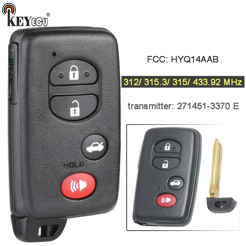 KEYECU 314.3 MHz/ 315MHz/ 312MHz/ 433.92 MHz HYQ14AAB 271451-3370 Smart Fjernbetjening Bil Key Fob til Avalon Camry Corolla 2007-2013 1