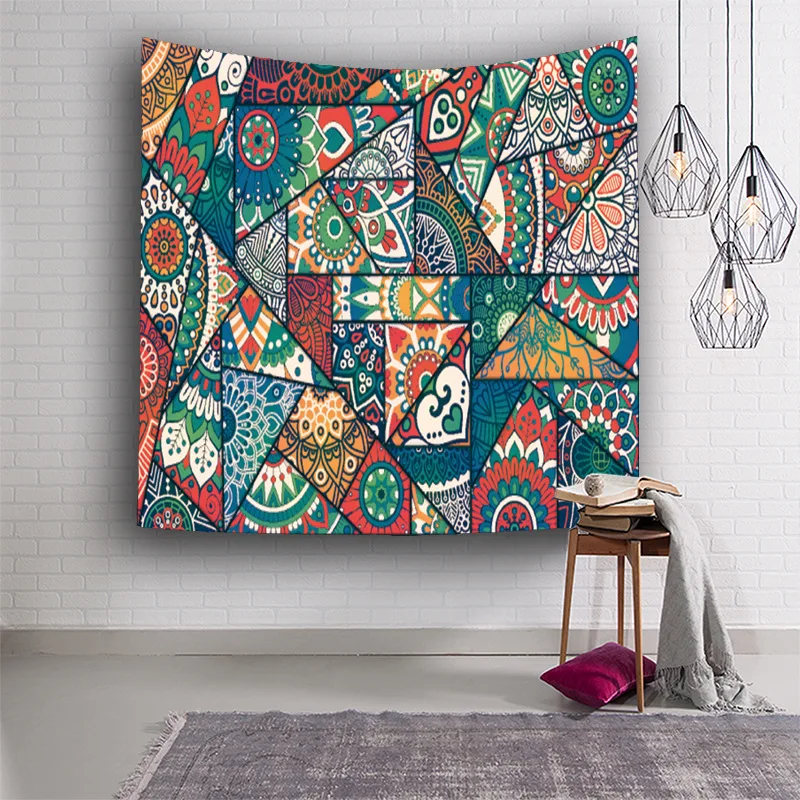 Geometriske syning hippie væggen hænger yoga digital udskrivning strand håndklæde, solcreme firkantet sjal Vintage Boho Farverige mosaik 4