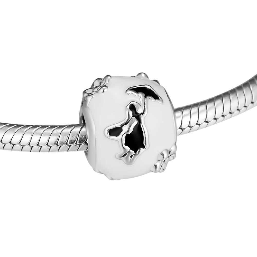 925 Sterling Sølv Mary Poppins Silhuet Charme, Hvid & Sort Emalje Passer Originale Mærke DIY Armbånd Smykker 1