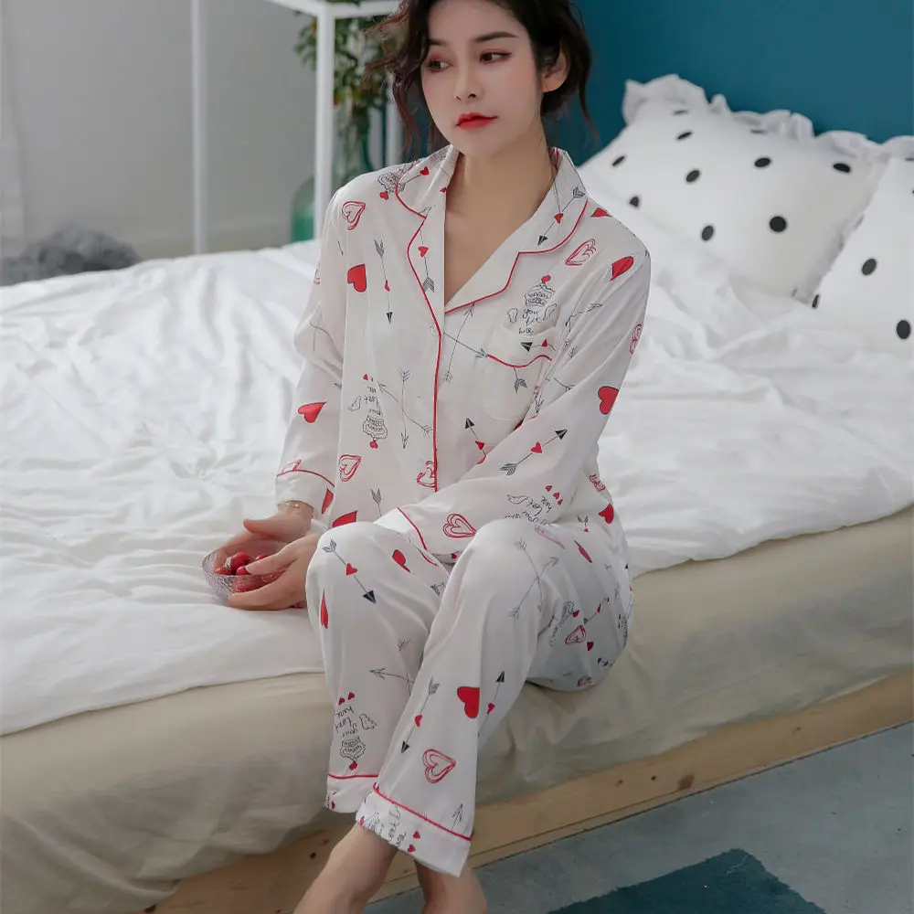 Tynd Sektion Is Silke Pyjamas Kvindelige Sommeren koreanske Mode-Polka Dot Lange Ærmer To-stykke Løs Home Service, der Passer Pijamas Mujer 1