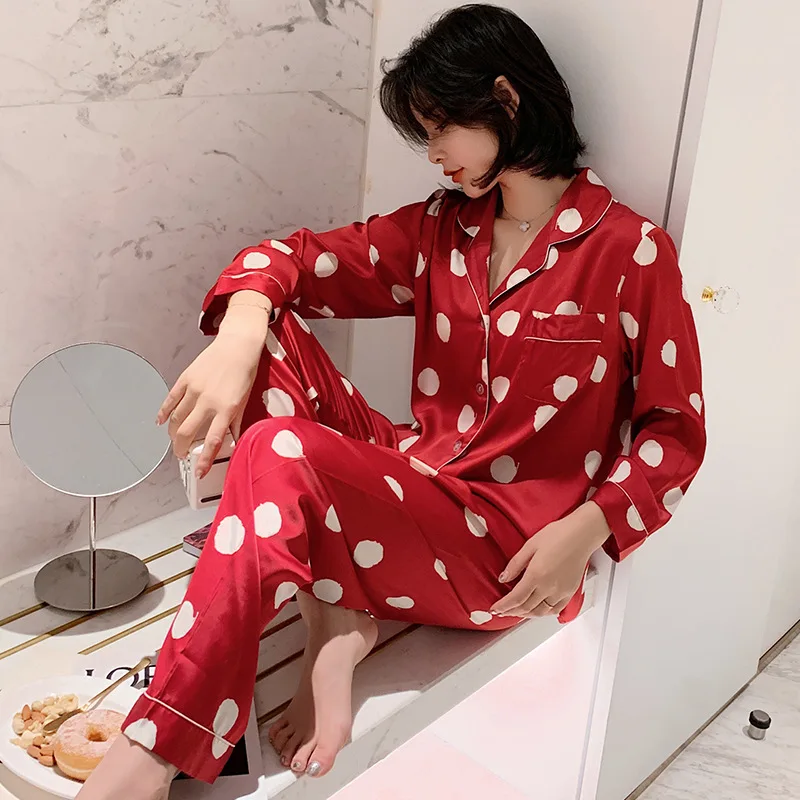 Tynd Sektion Is Silke Pyjamas Kvindelige Sommeren koreanske Mode-Polka Dot Lange Ærmer To-stykke Løs Home Service, der Passer Pijamas Mujer 2