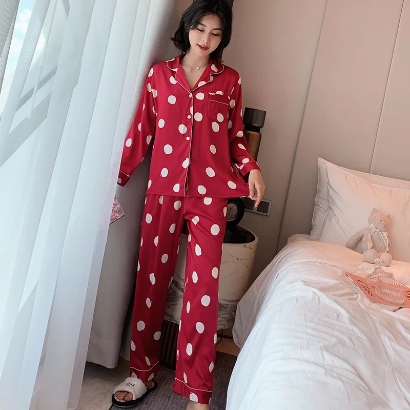 Tynd Sektion Is Silke Pyjamas Kvindelige Sommeren koreanske Mode-Polka Dot Lange Ærmer To-stykke Løs Home Service, der Passer Pijamas Mujer 3