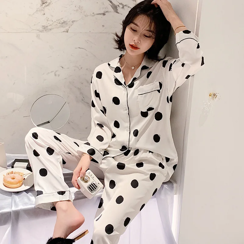 Tynd Sektion Is Silke Pyjamas Kvindelige Sommeren koreanske Mode-Polka Dot Lange Ærmer To-stykke Løs Home Service, der Passer Pijamas Mujer 4