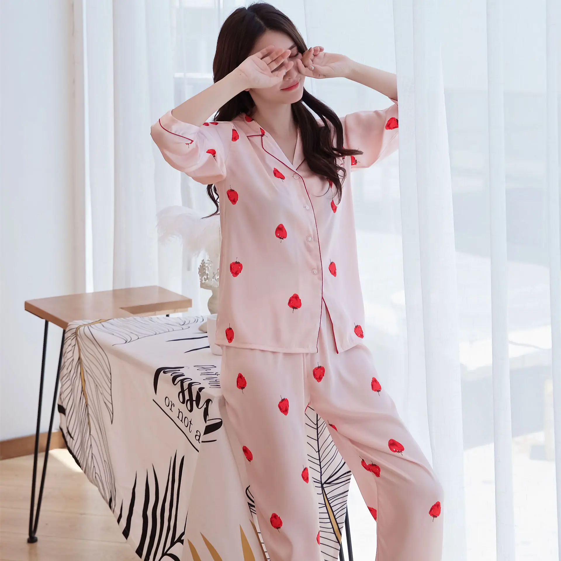 Tynd Sektion Is Silke Pyjamas Kvindelige Sommeren koreanske Mode-Polka Dot Lange Ærmer To-stykke Løs Home Service, der Passer Pijamas Mujer 5