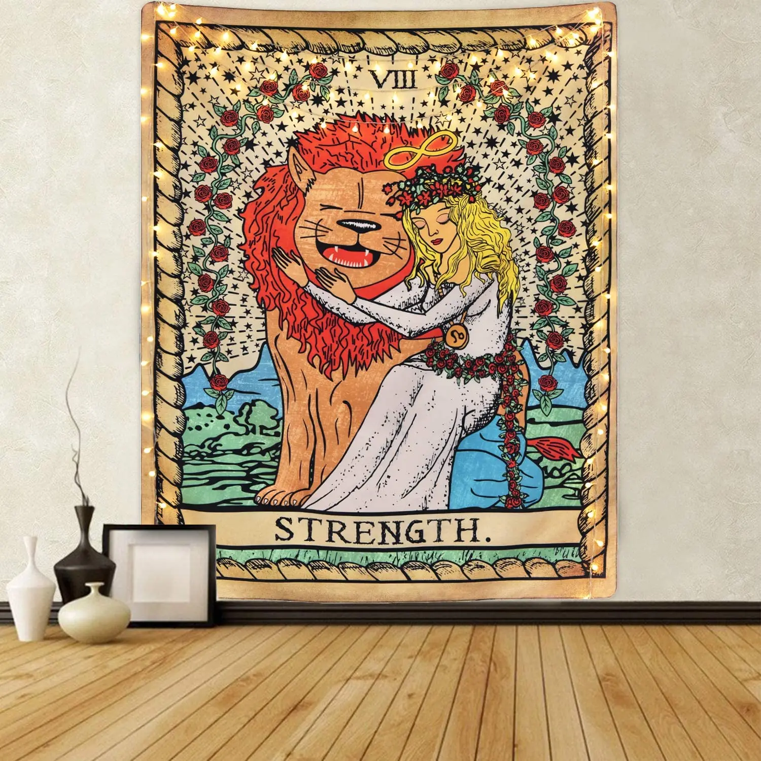 LUCKYYJ Styrken Tarot-Kort Tapetet,Tappert Pige Formilde Løven Gobelin Middelalderens Europa Divination Tarot Tæppe til Værelset 2