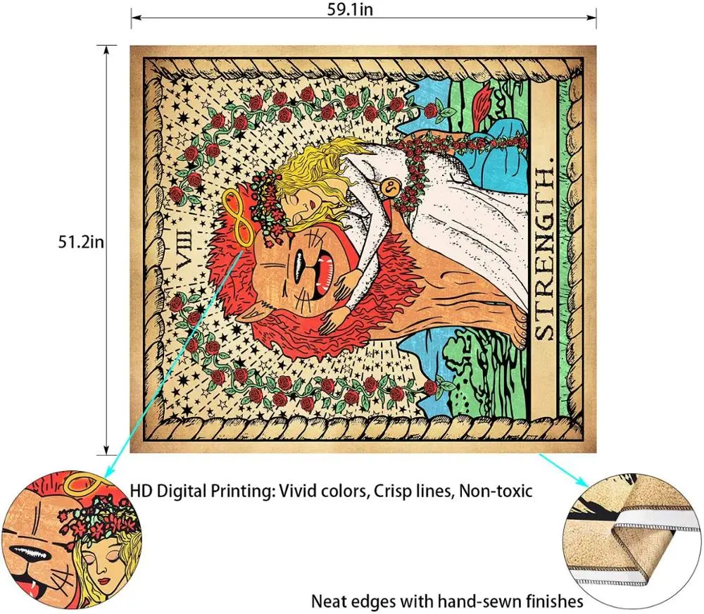 LUCKYYJ Styrken Tarot-Kort Tapetet,Tappert Pige Formilde Løven Gobelin Middelalderens Europa Divination Tarot Tæppe til Værelset 5