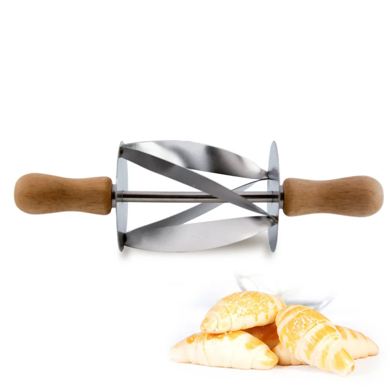 Opgradering af Rustfrit Stål Brød Kniv dejen cutter Med Træ-Håndtag Gør Croissant Trekant Rullende Kniv køkken tilbehør 4