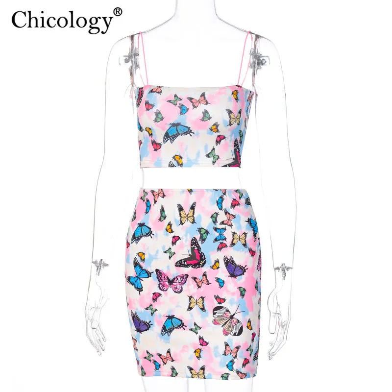 Chicology butterfly mode 2 to-delt sæt spaghetti-stropper ærmeløs top nederdel udstyr kvinder 2020 sommeren streetwear tøj 0