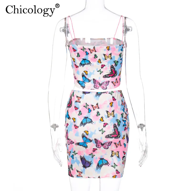 Chicology butterfly mode 2 to-delt sæt spaghetti-stropper ærmeløs top nederdel udstyr kvinder 2020 sommeren streetwear tøj 5