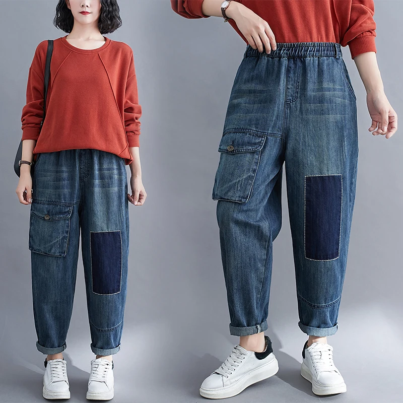 DIMANAF Kvinder Jeans Bukser Plus Size Bukser Lomme Blå Denim Elastisk Talje Løs Casual Bukser Nye Jeans / ~ www.okocater.dk