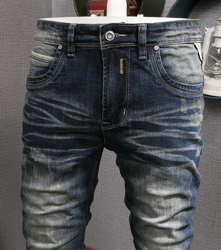 Italiensk Stil Og Mode Til Mænd, Jeans Retro Blå Slim Fit Bunden Ripped Jeans Mænd Streetwear Denim Bukser Vintage Jeans Til Mænd / Mænds Tøj www.okocater.dk