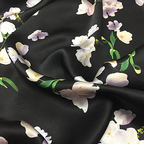 Fantastiske blomster print sort baggrund ren silke satin silke stof,SSC337 / Tøj Sy & Stof ~ www.okocater.dk